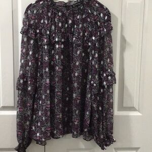 INC International Concepts Black Smocked Ruffled 3/4 Sleeve Blouse